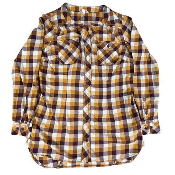 Duluth Trading Co Long Sleeve Plaid Shirt Womens M V Neck Collarless Button Down - Picture 1 of 11